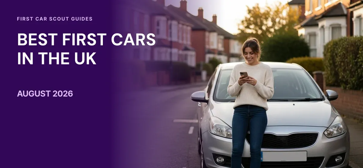 A young driver checking her phone while leaning on her small silver car on a UK residential street in early autumn light, with the First Car Scout ranking of the best first cars in the UK for August 2026.