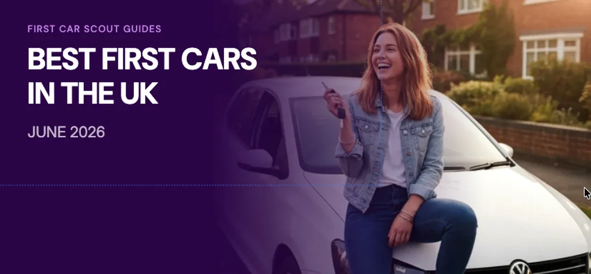A young driver leaning on a white car on a summer UK street, with a First Car Scout ranking of the best first cars for June 2026.