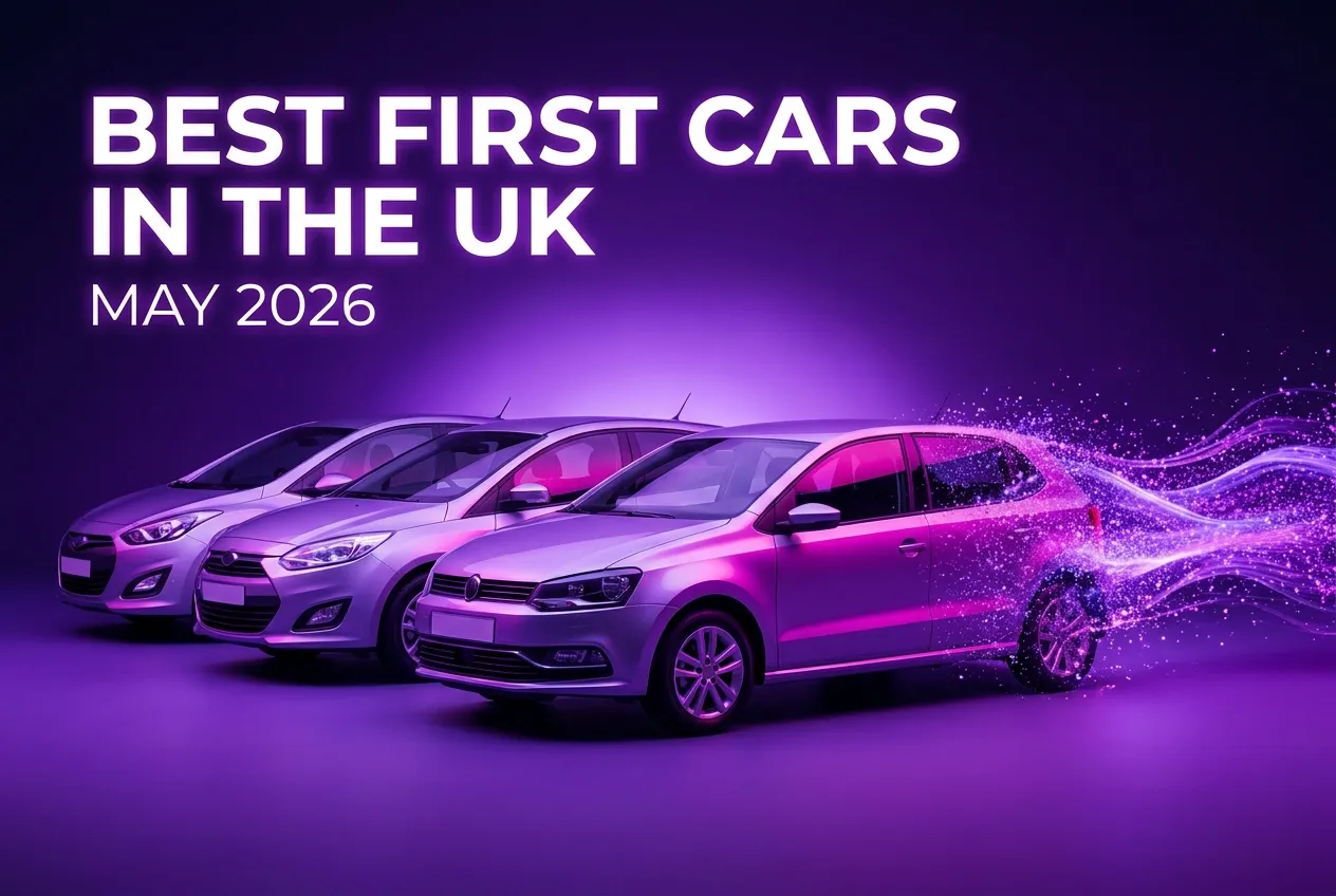 Three small first cars dissolving into glowing purple particles, under the headline 'Best First Cars in the UK, May 2026'.