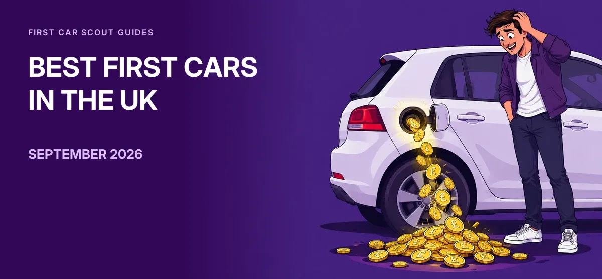 A young man clutching his head as gold pound coins pour out of the open fuel cap of a white hatchback and pile up on the ground, beside the words Best First Cars in the UK, September 2026.