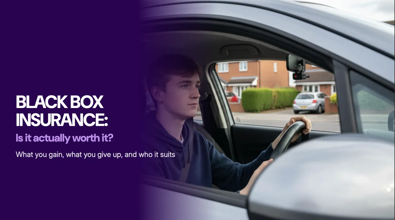 Banner reading 'Black box insurance for young drivers' with a teen driver behind the wheel