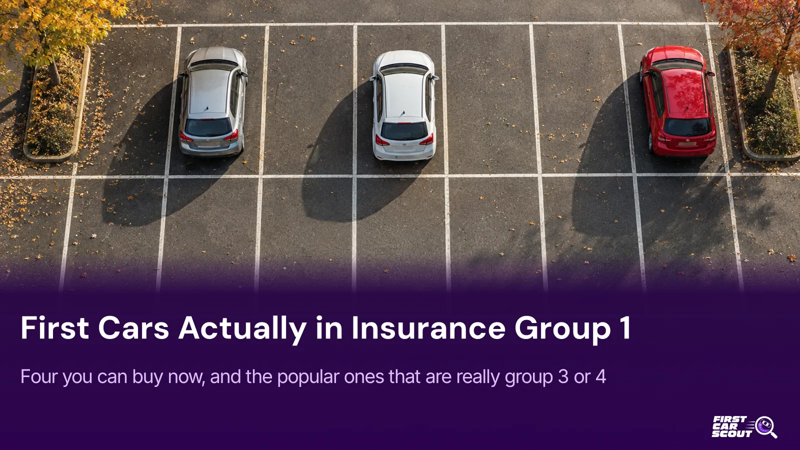 Overhead view of three small hatchbacks, one silver, one white and one red, parked in separate bays of a UK car park, with the headline First Cars Actually in Insurance Group 1