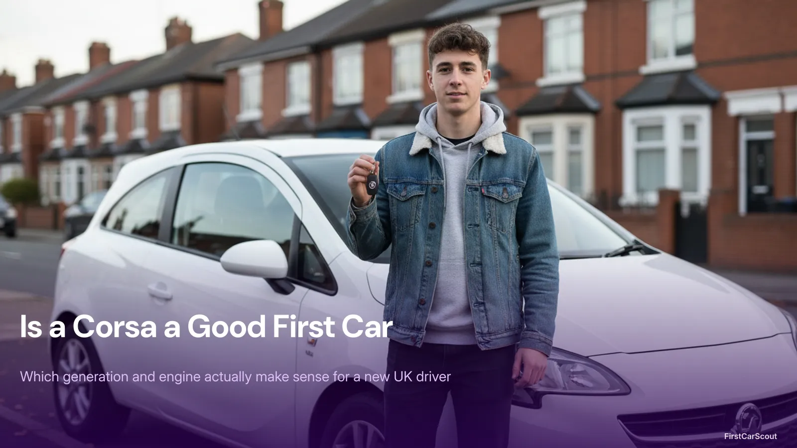 A new driver holding car keys next to a white Vauxhall Corsa outside a UK terraced house