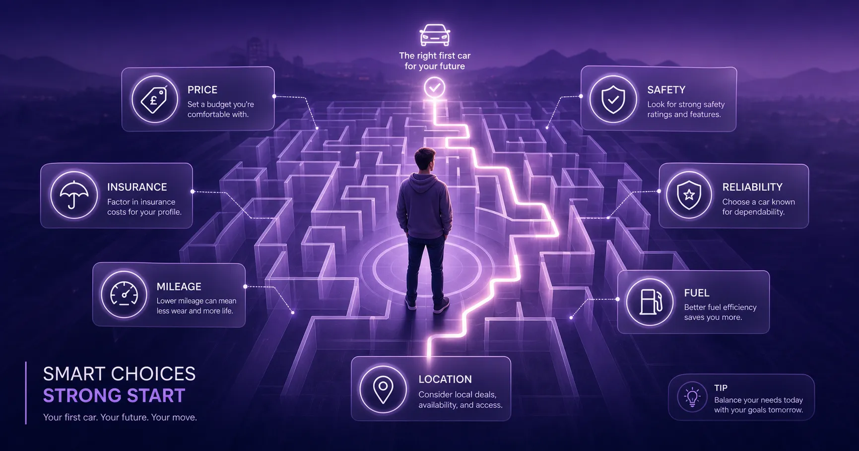 A person standing at the entrance of a glowing purple maze, surrounded by icons for price, insurance, mileage, safety, reliability, fuel and location, representing the many decisions inside choosing a first car.