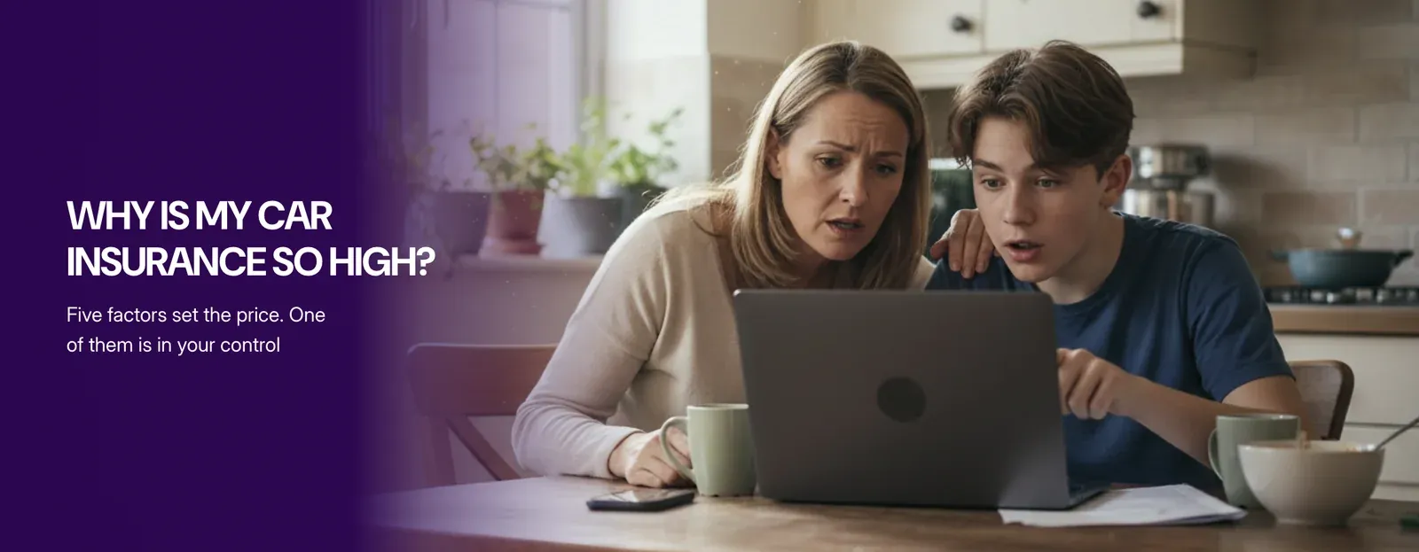 Banner reading 'Why is my car insurance so high?' with a shocked young driver looking at their phone in a car